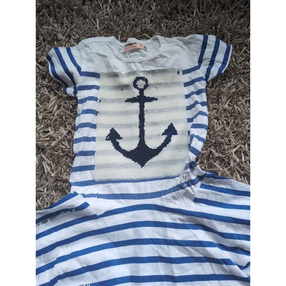 DESIGUAL Girls' Sailor Stripe Summer Dress Sequin Anchor Size 5-6 - Picture 3 of 15